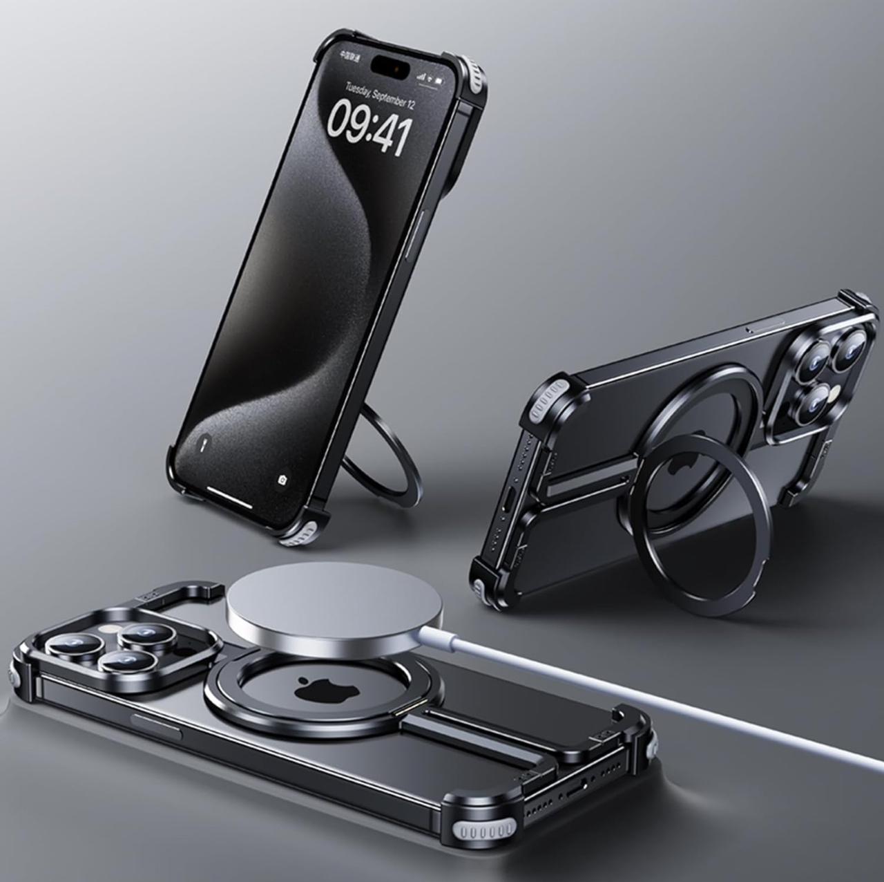 Metallic Frameless Corner Bumper Case with Magsafe Stand Function Case for iPhone 15 Pro (BLACK)