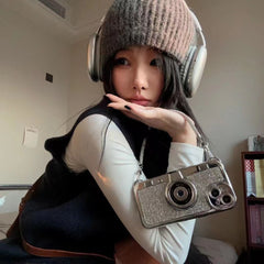 Rhinestones Glitter Retro Camera Style with Sling Girlish Case for iPhone 15 Plus