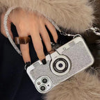Protective Apple iPhone Back Cover - Rhinestones Glitter Retro Camera Style with Sling Girlish Case for iPhone 14 Pro Max - Style 5
