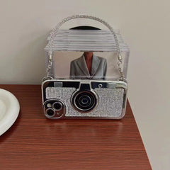 Rhinestones Glitter Retro Camera Style with Sling Girlish Case for iPhone 15 Plus