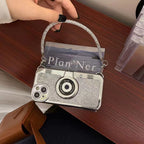 Protective Apple iPhone Back Cover - Rhinestones Glitter Retro Camera Style with Sling Girlish Case for iPhone 14 Pro - Style 7