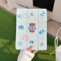 3D Teddy Bear Designer  PU Leather Finish Black Foldable Flip Case for iPad 10.9 (Air4 & Air5) / Pro 11 inches