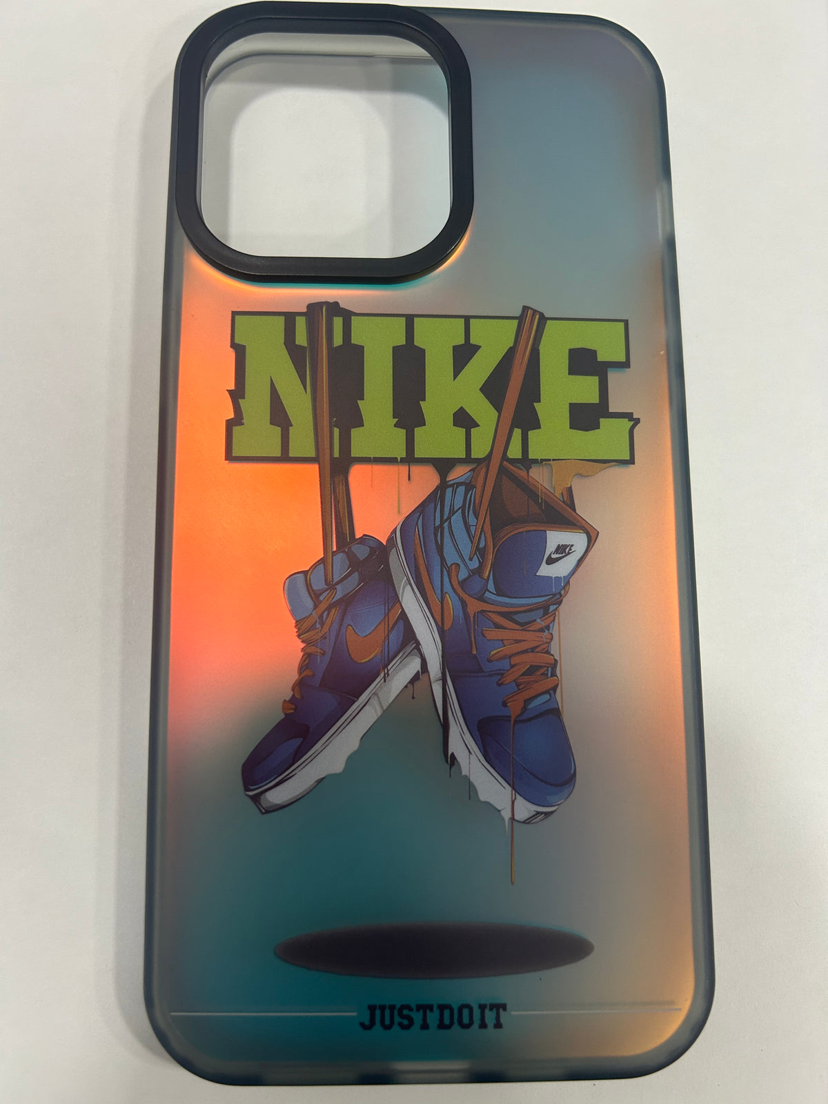 iPhone 3D fluorescent color changing case with famous shoes brand logo design.