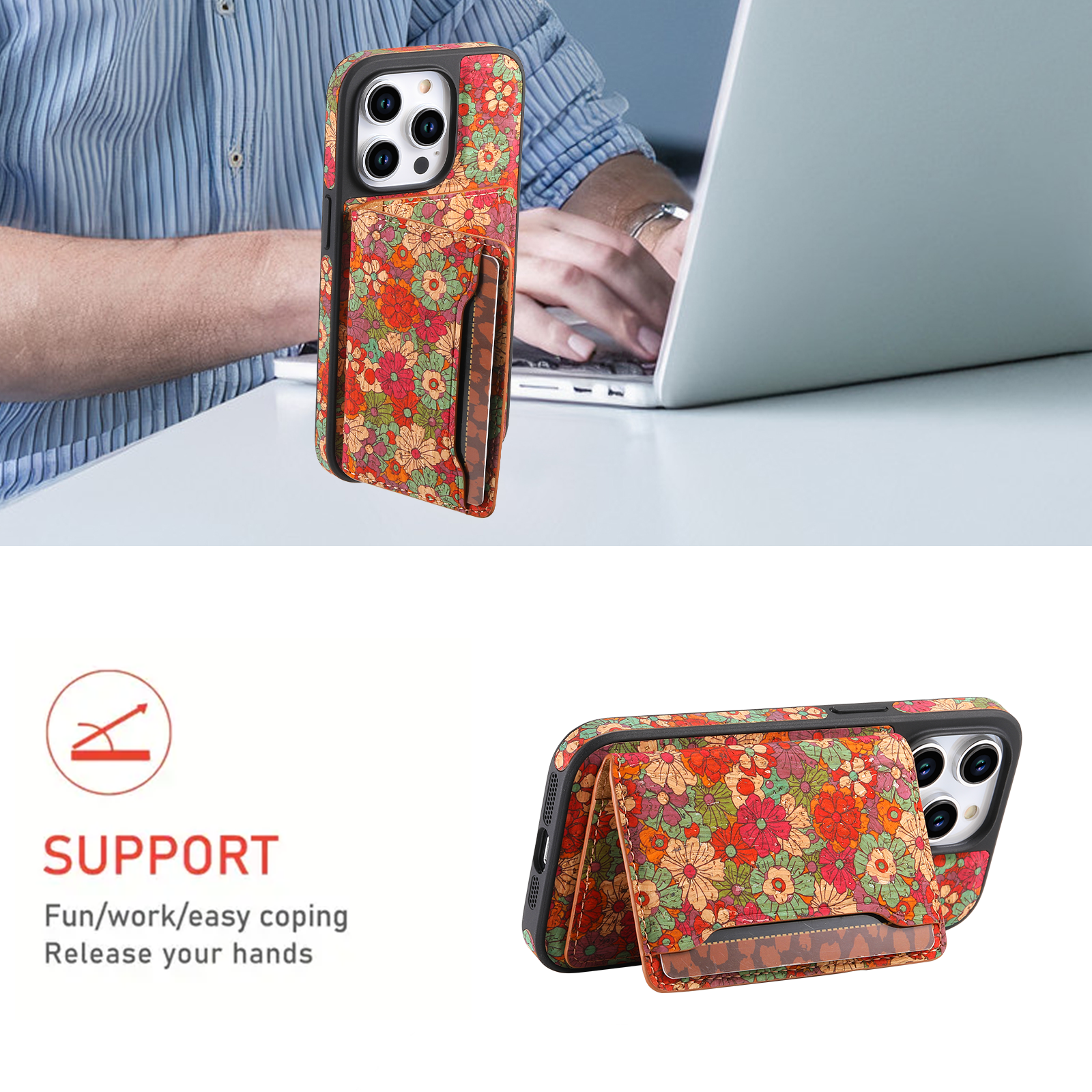 Floral Magsafe Wallet 3 Pockets (Orange)