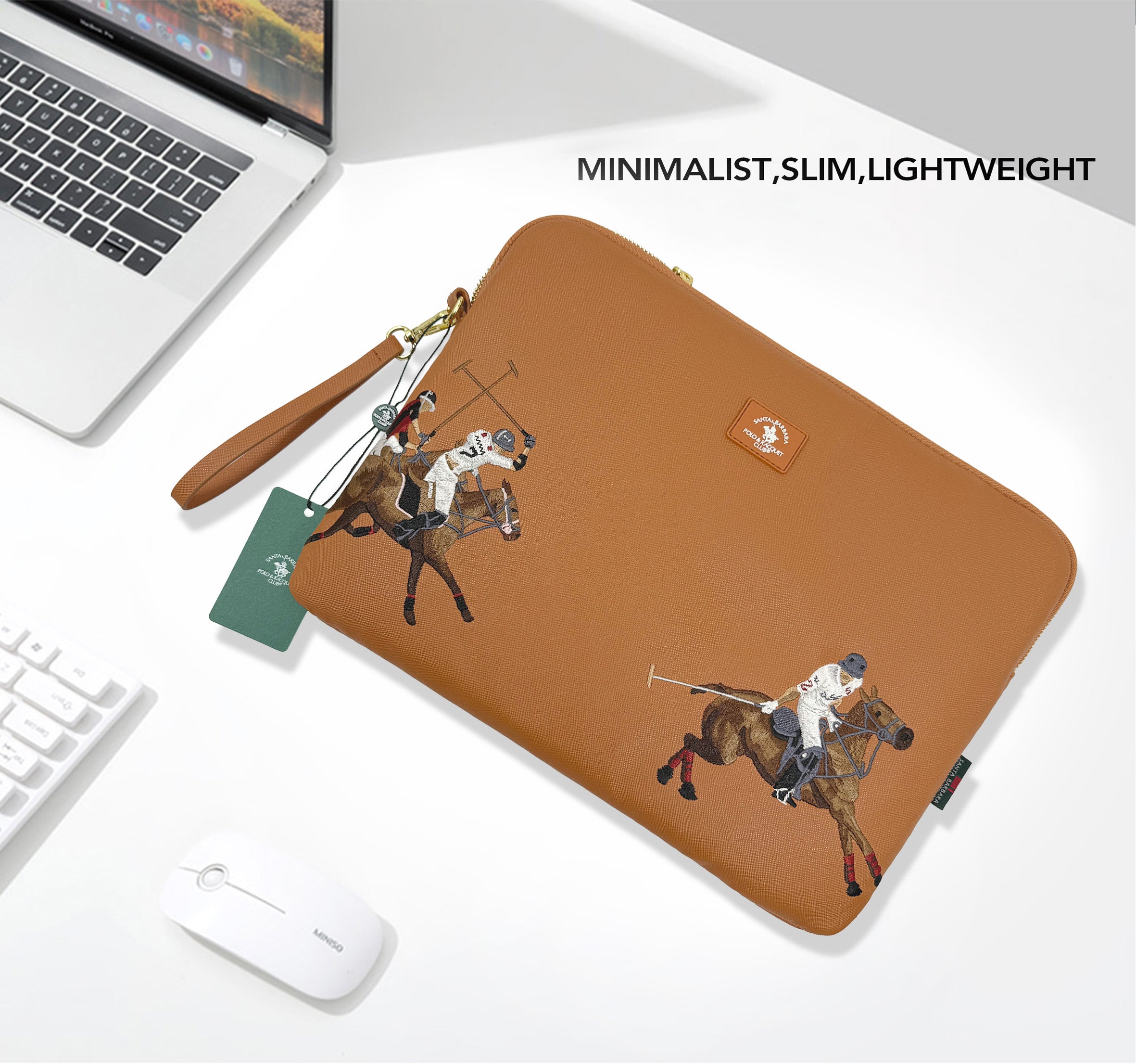 Santa Barbara Polo Embroided Brown PU Leather Macbook Sleeve for Macbook 13"/14"/ iPad Pro 12.9