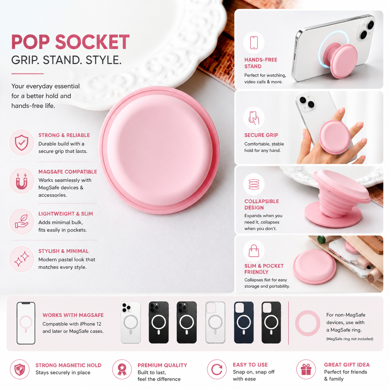 Plain Silicon Magsafe Pop Socket (Pink/Pink)