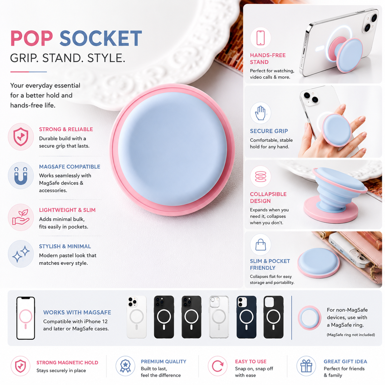 Plain Silicon Magsafe Pop Socket (Blue/Pink)