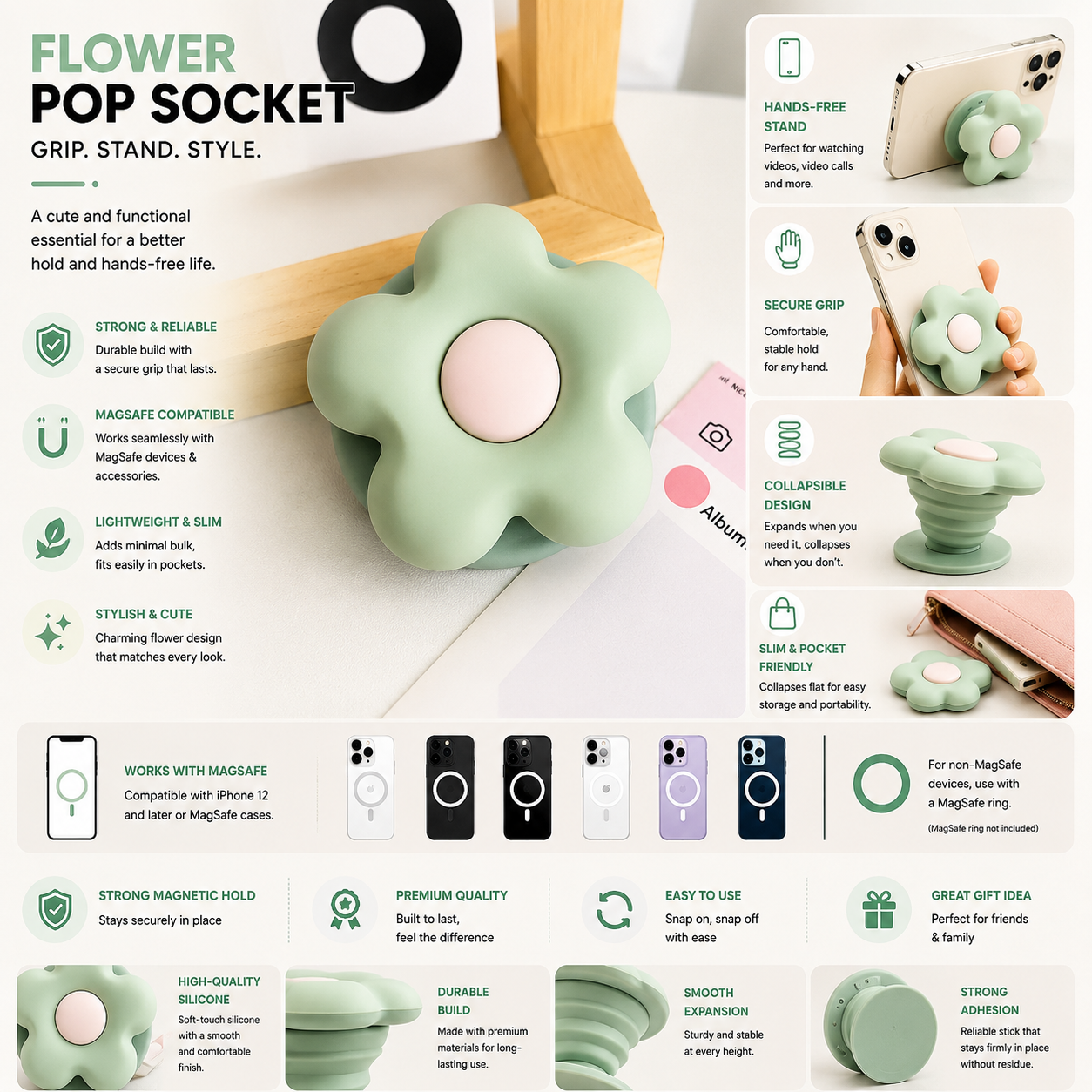Floral Design MagSafe Pop Socket (L.Green)