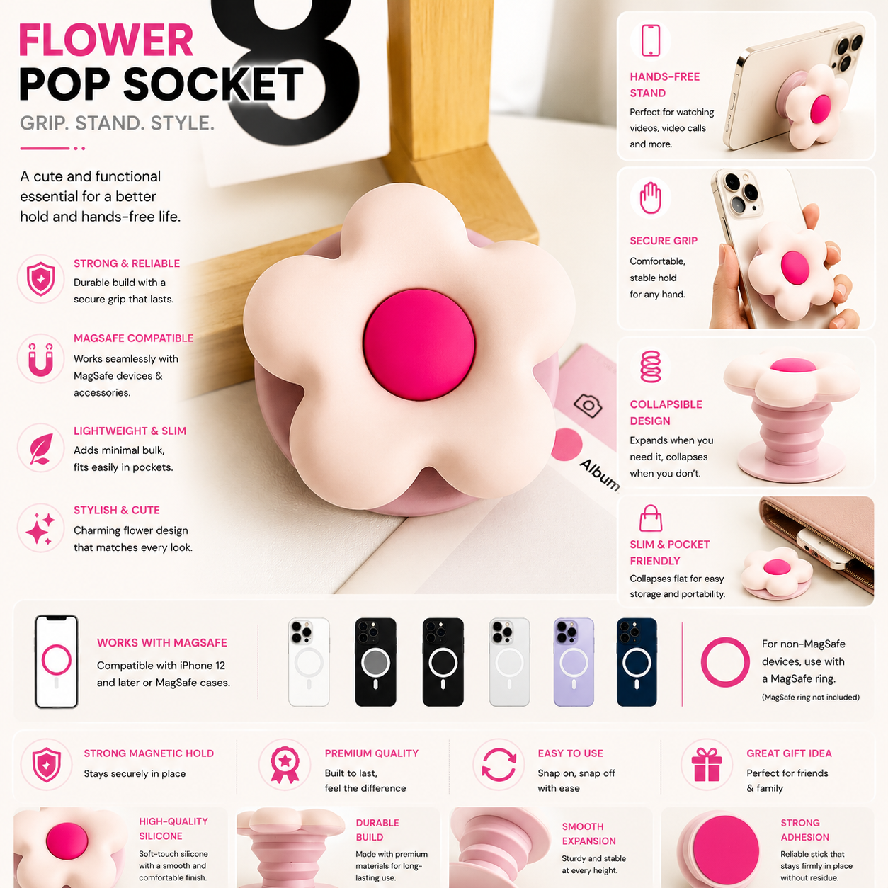 Floral Design MagSafe Pop Socket (Baby Pink)