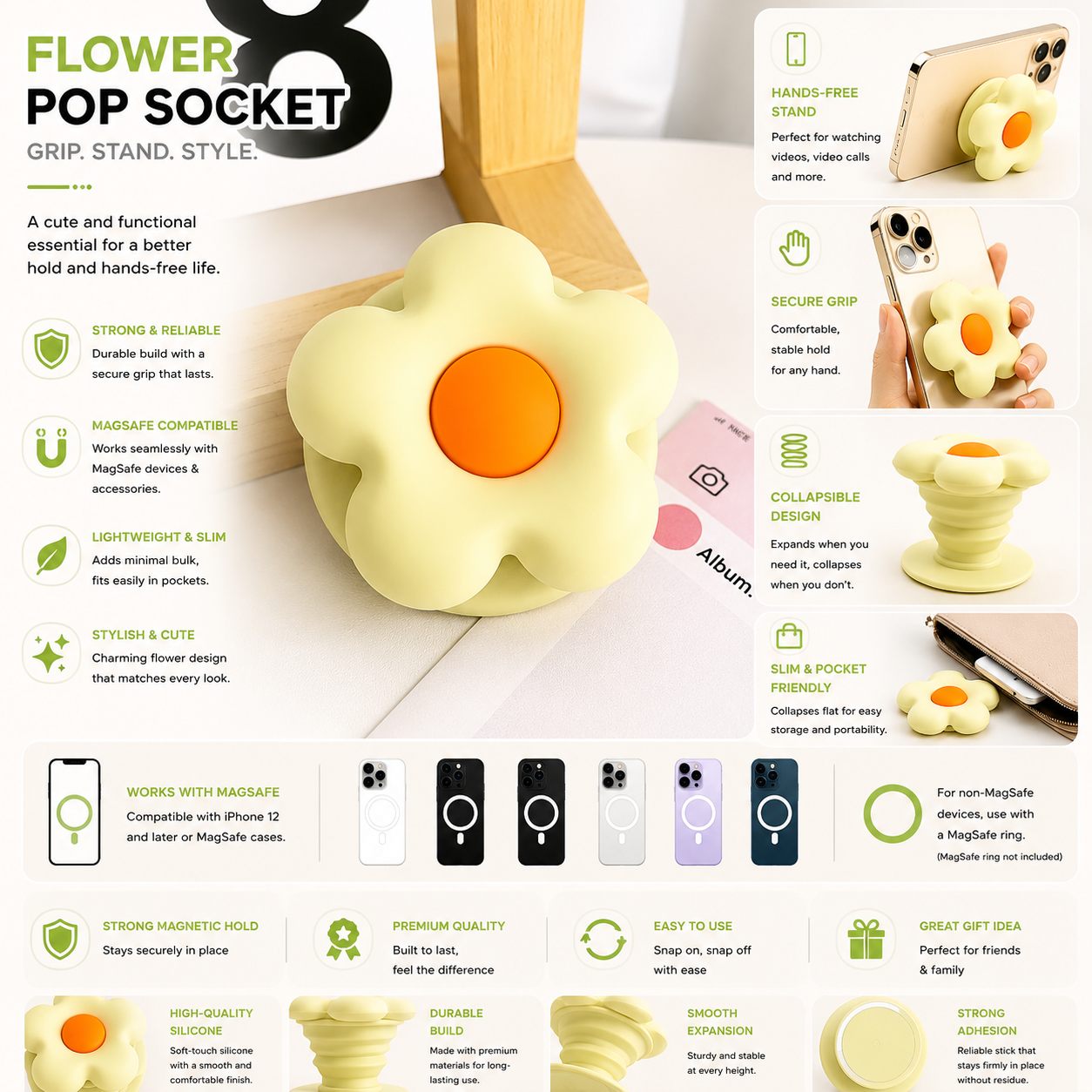 Floral Design MagSafe Pop Socket (L.Yellow)