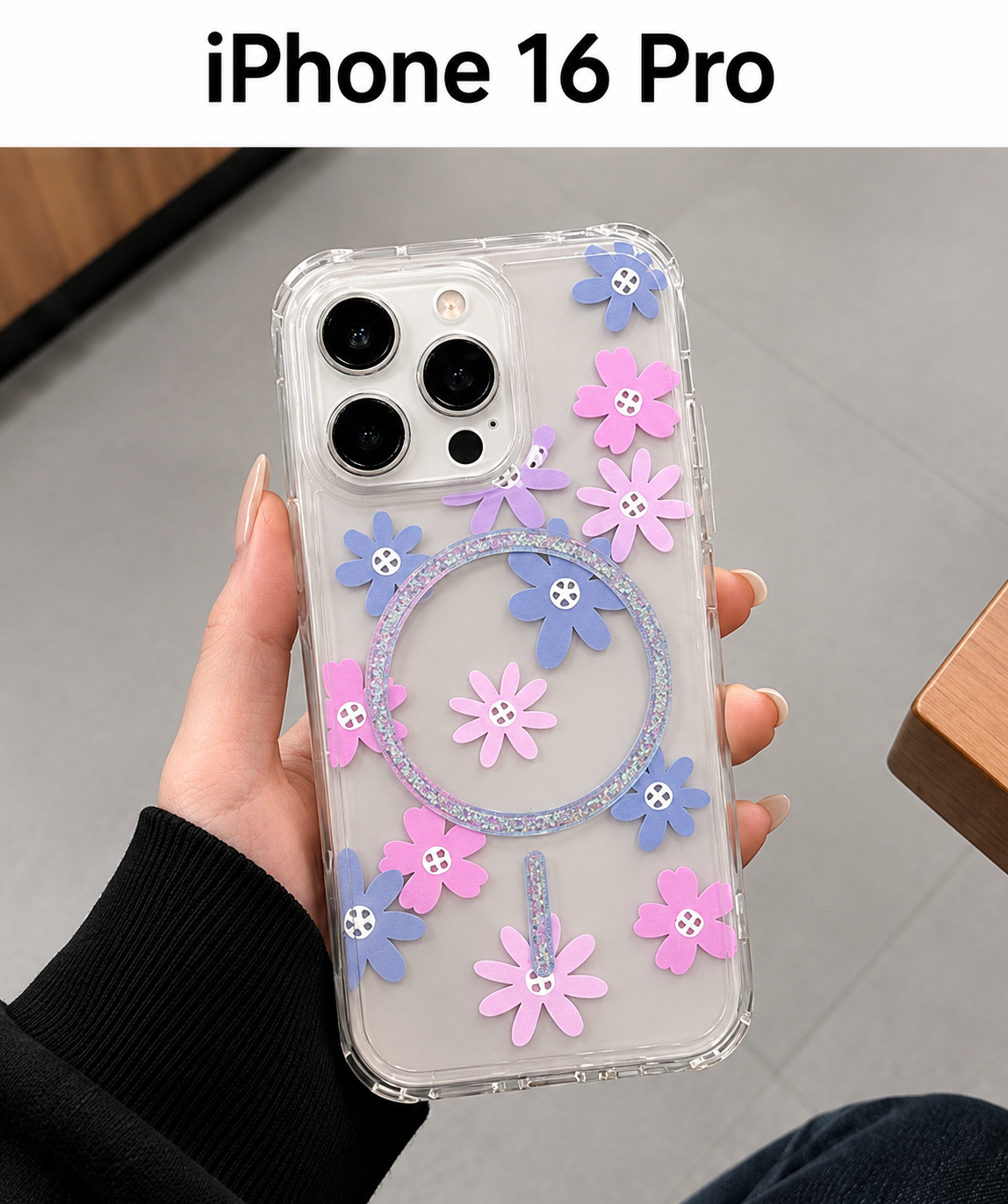 Floral Transparent Designer MagSafe Case For iPhone16 Pro (Pink)