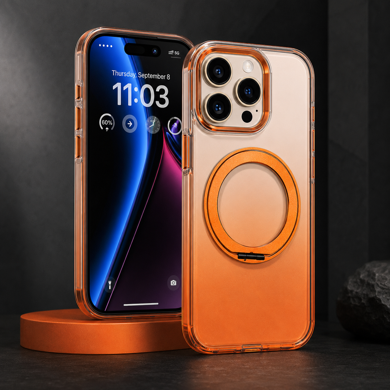 Transparent MagSafe Stand Double Colour Case For iPhone16 Pro Max(Orange)
