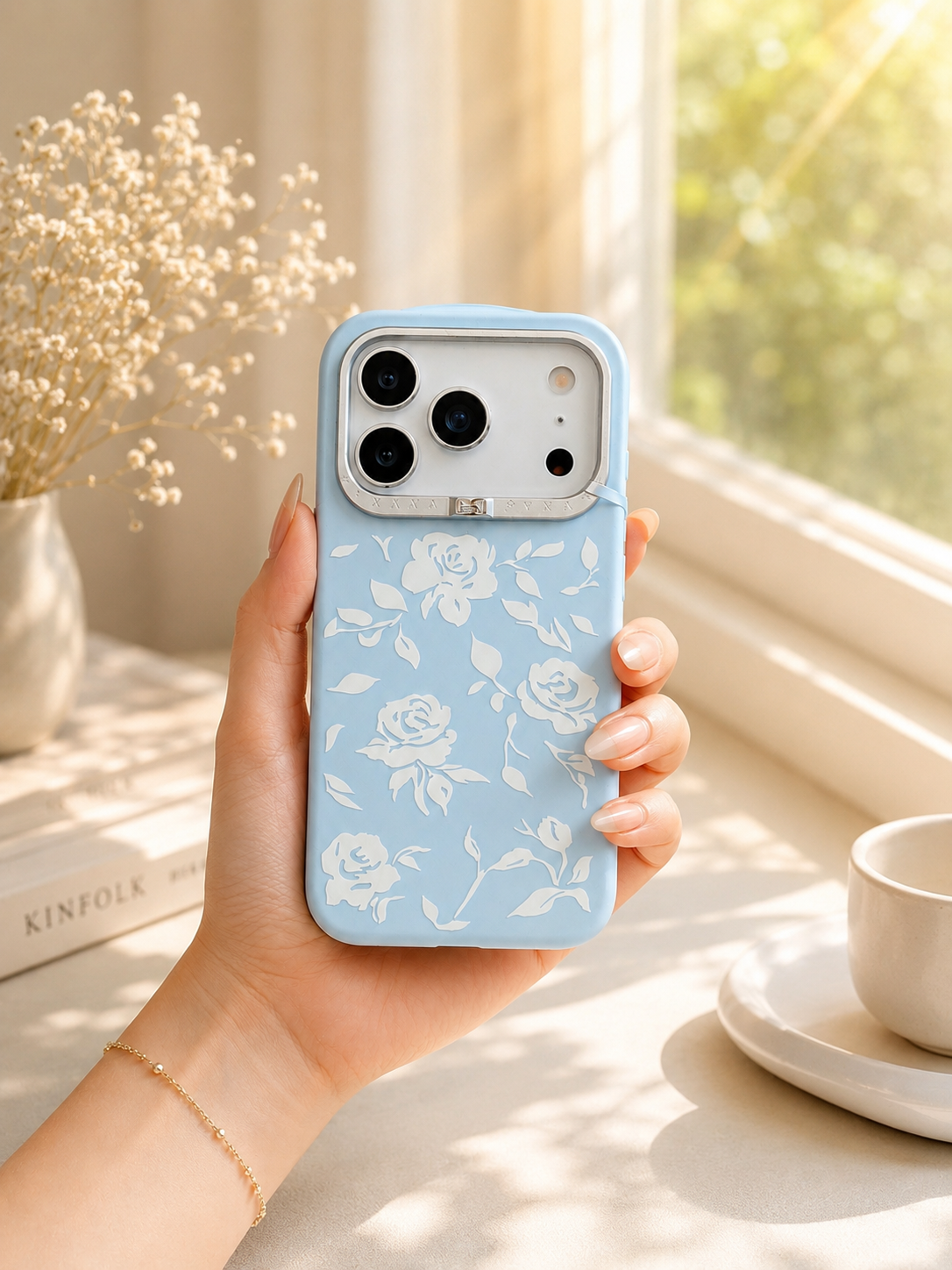 Pynana Rose Design Silicon Case For iPhone 17 pro Max(L.Blue)