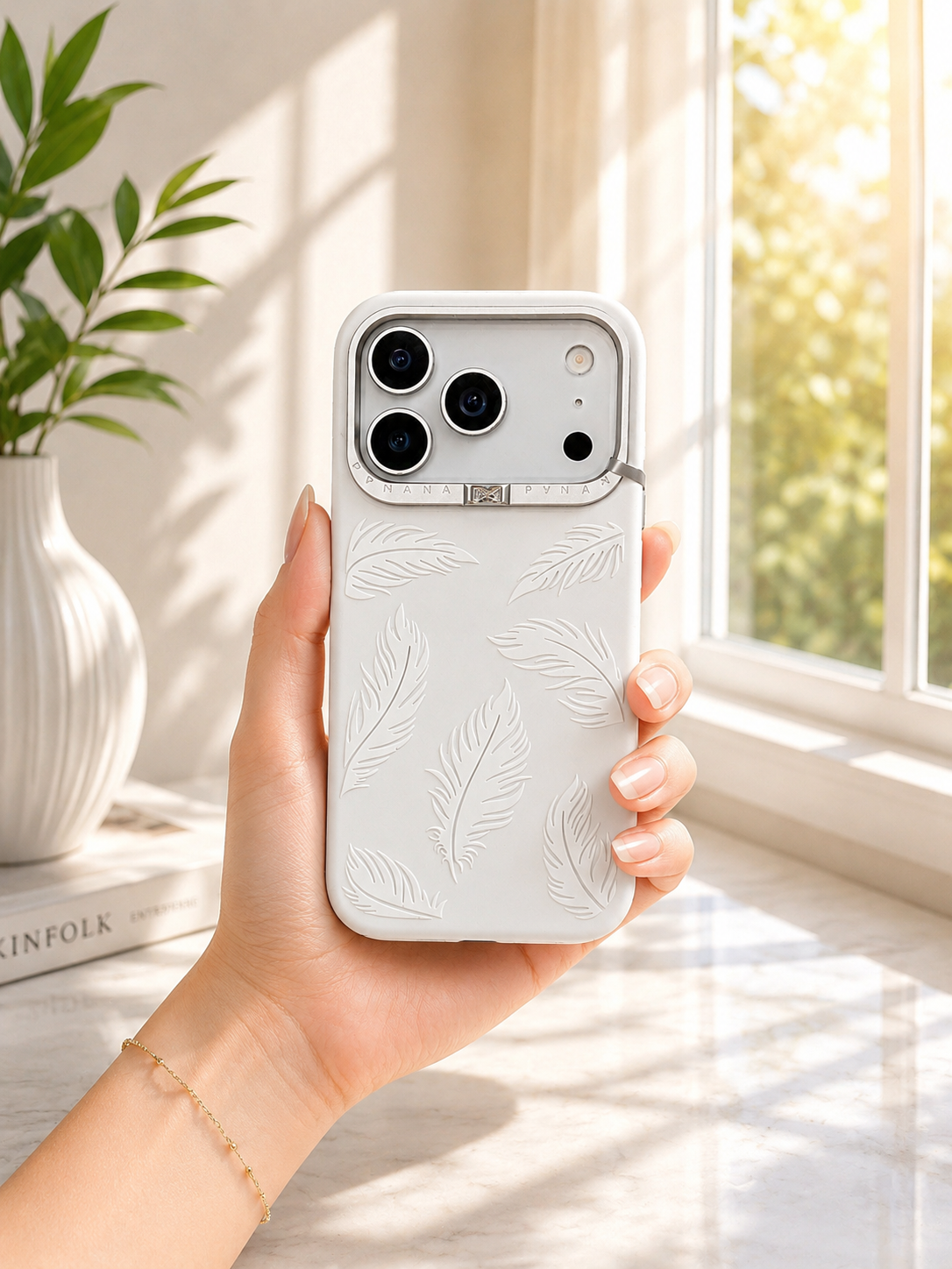 Pynana Feather Design Silicon Case For iPhone 17 pro Max(White)