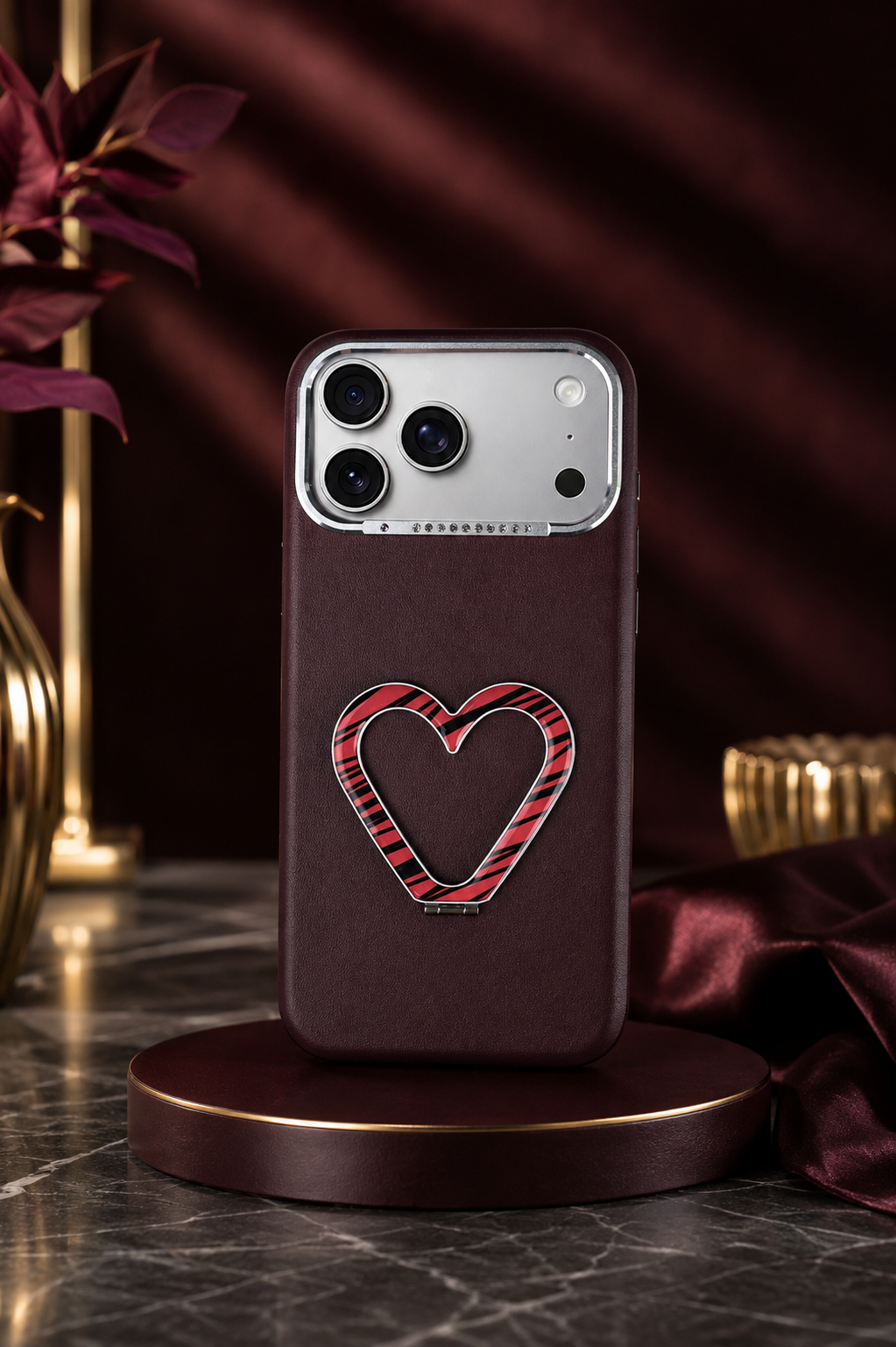 PU Leather Heart Design Stand Case For iPhone 17 Pro Max / 18 Pro Max (Dark Cherry)