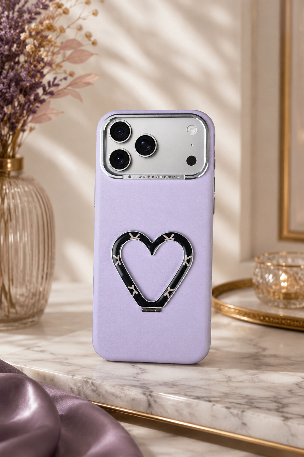 PU Leather Heart Design Stand Case For iPhone 17 Pro Max / 18 Pro Max (Purple)