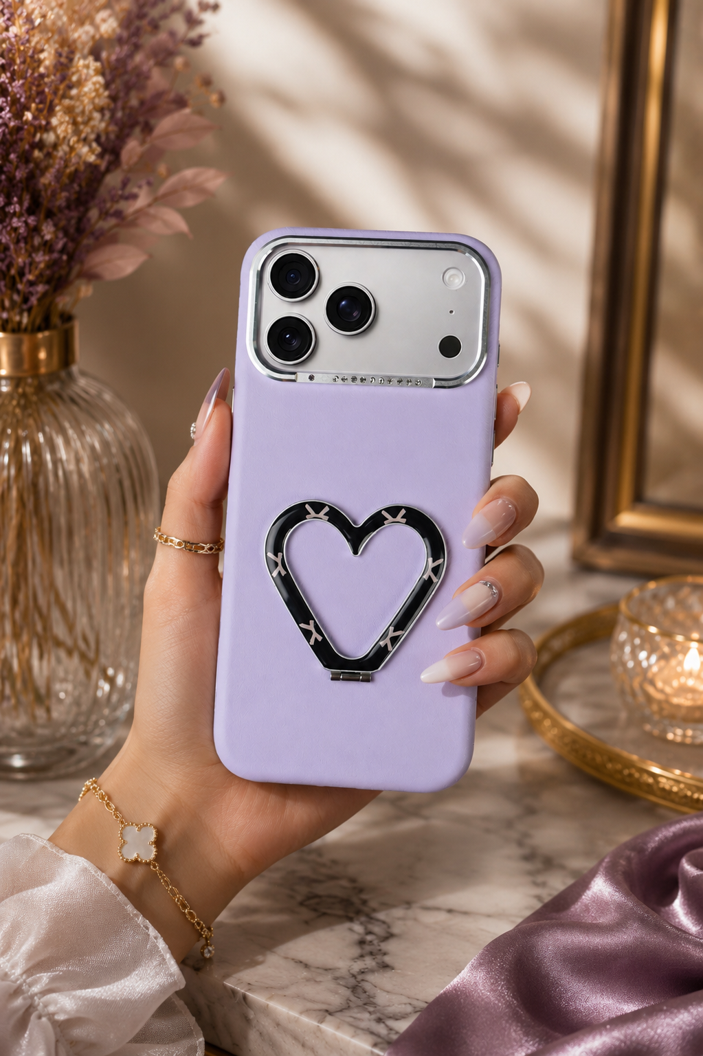PU Leather Heart Design Stand Case For iPhone 17 Pro Max / 18 Pro Max (Purple)