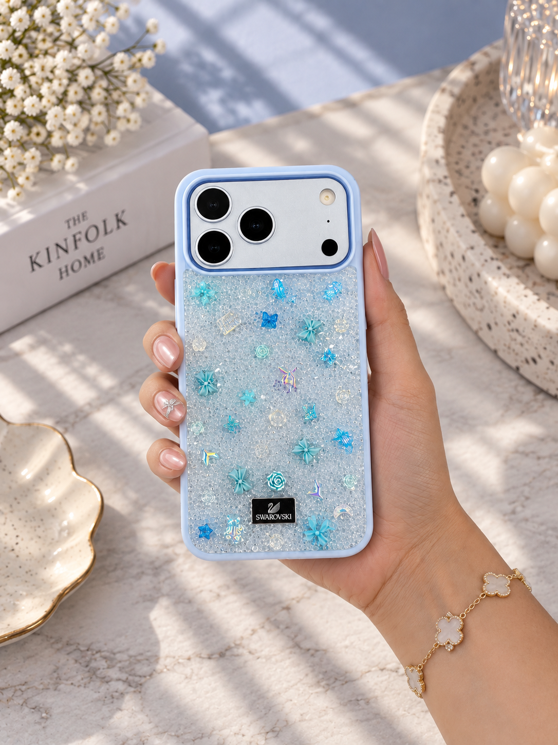 Floral Swarovski Bling World Glitter Case For iPhone 17 Pro Max / 18 Pro Max (Glacier Blue)