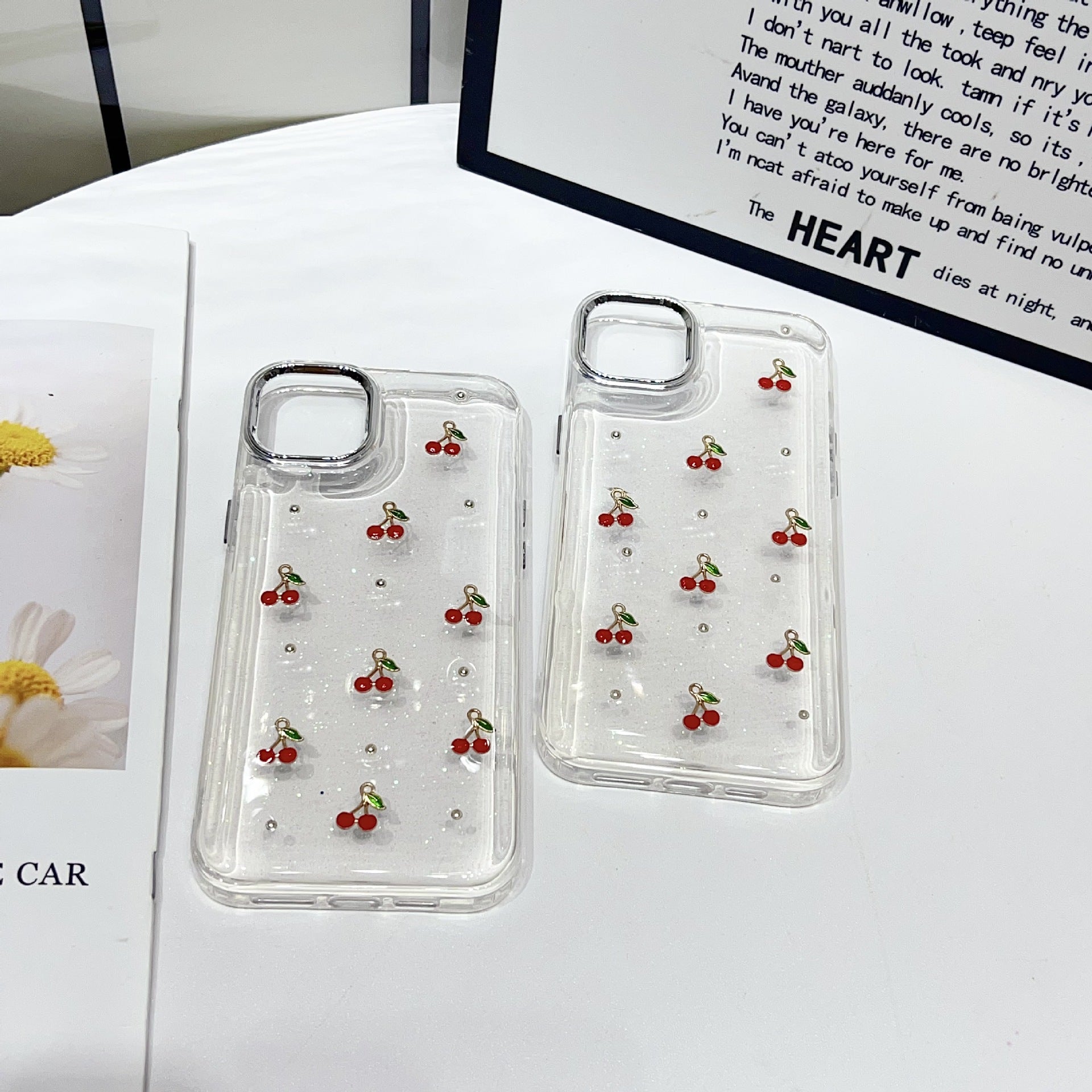 Protective Apple iPhone Back Cover - 3D Glitter Red Cherry Transparent Bumper iPhone Case - Style 6