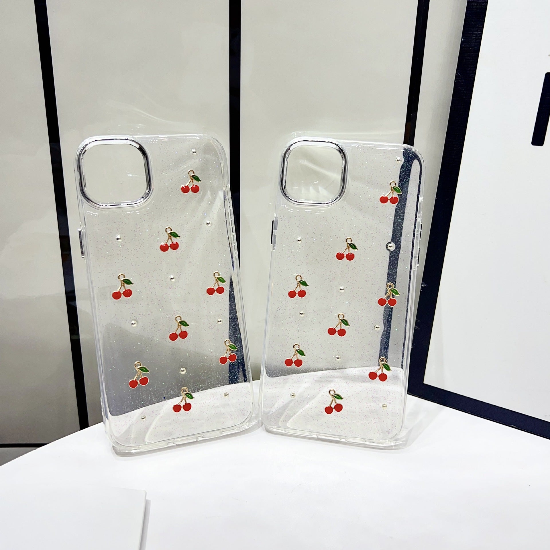 Protective Apple iPhone Back Cover - 3D Glitter Red Cherry Transparent Bumper iPhone Case - Style 7