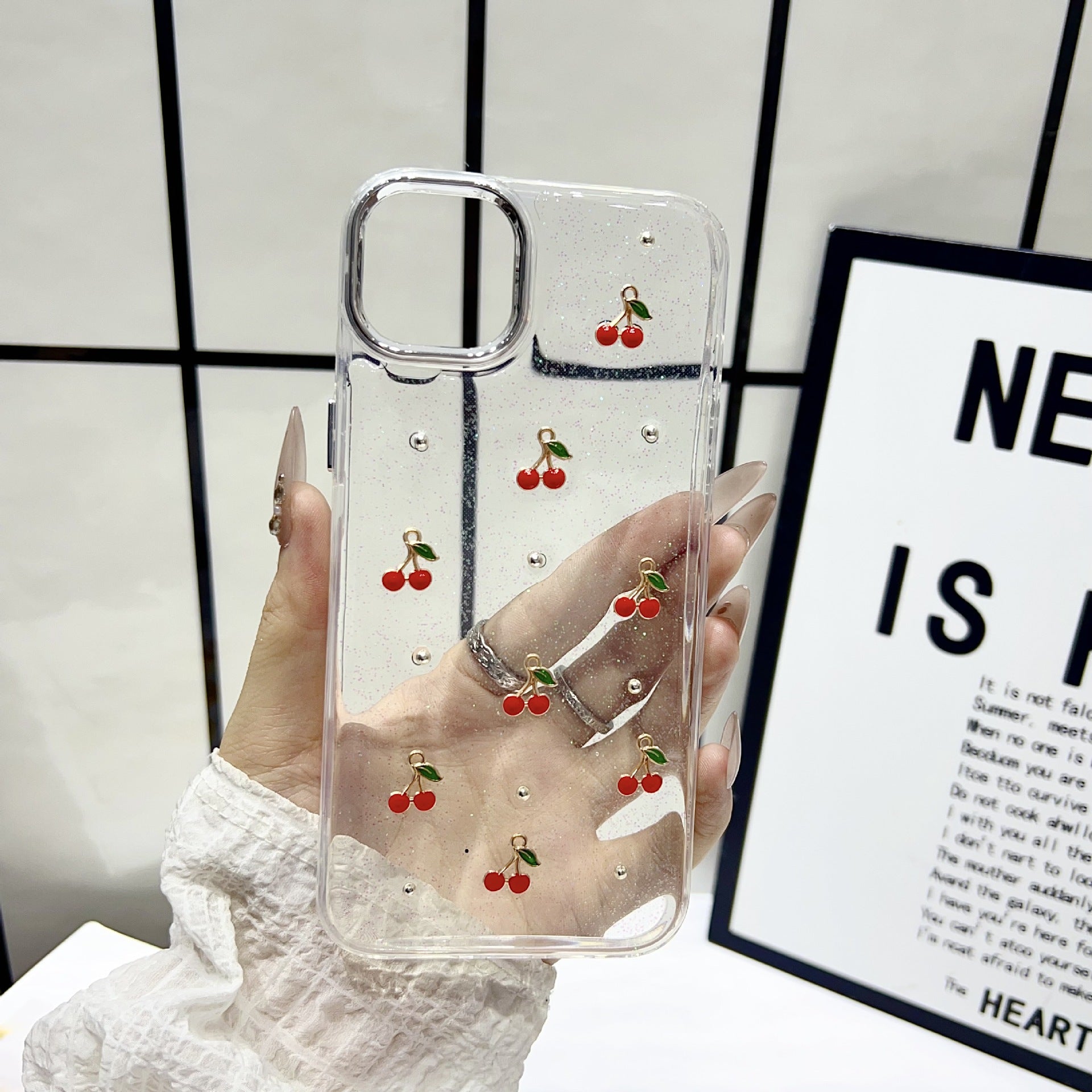 Protective Apple iPhone Back Cover - 3D Glitter Red Cherry Transparent Bumper iPhone Case - Style 3