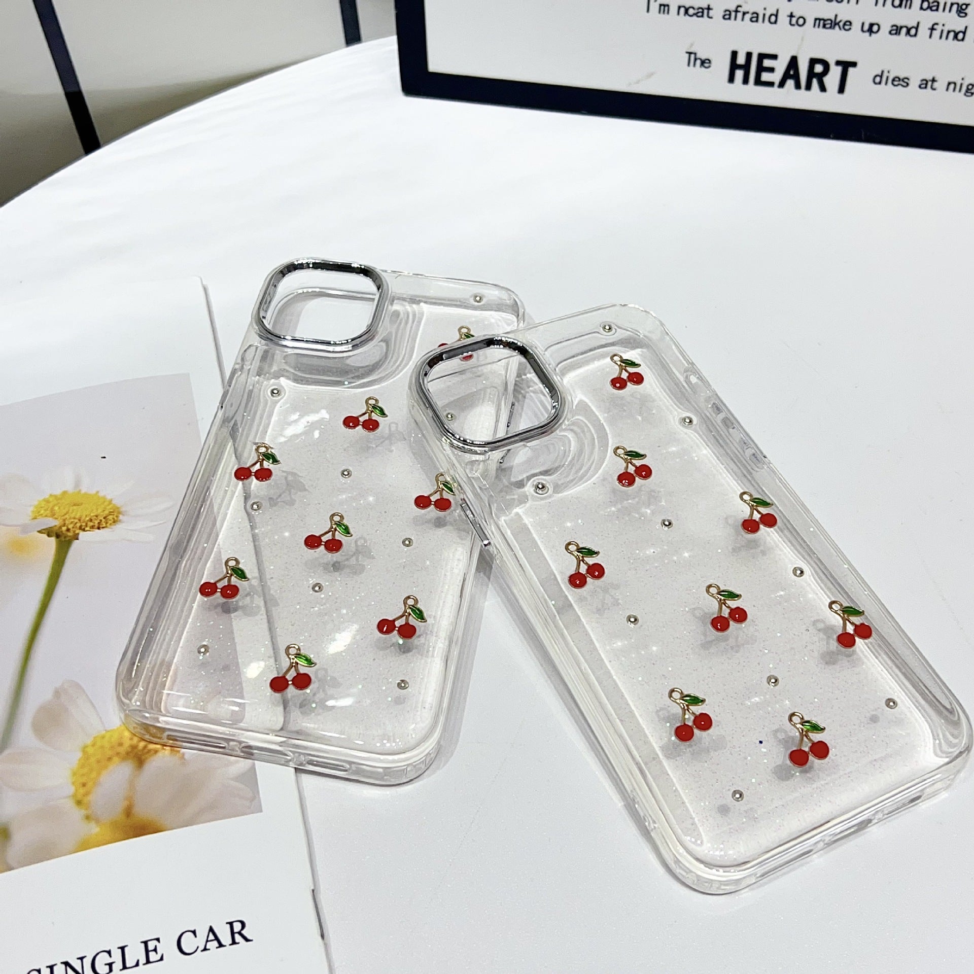 Protective Apple iPhone Back Cover - 3D Glitter Red Cherry Transparent Bumper iPhone Case - Style 2