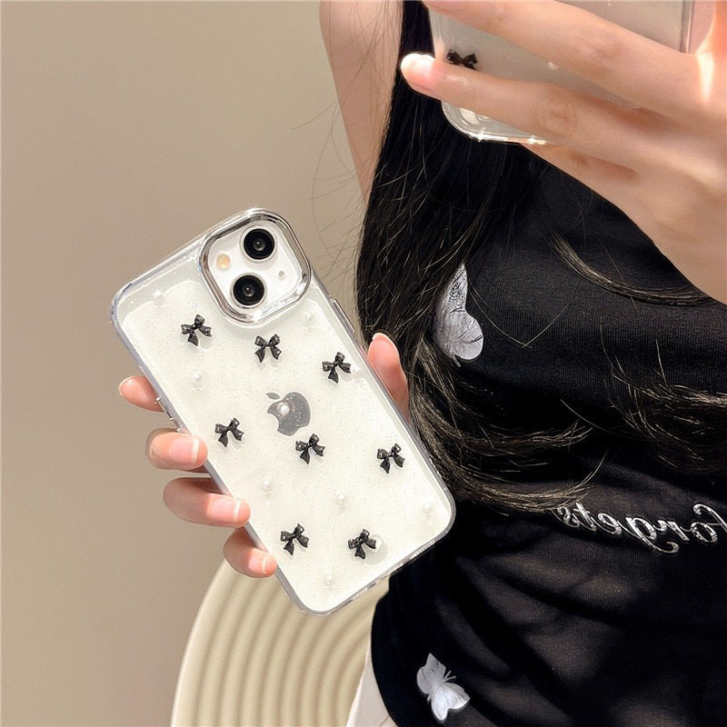 Protective Apple iPhone Back Cover - 3D Glitter Black Bow Pearl Transparent Bumper iPhone Case - Style 5