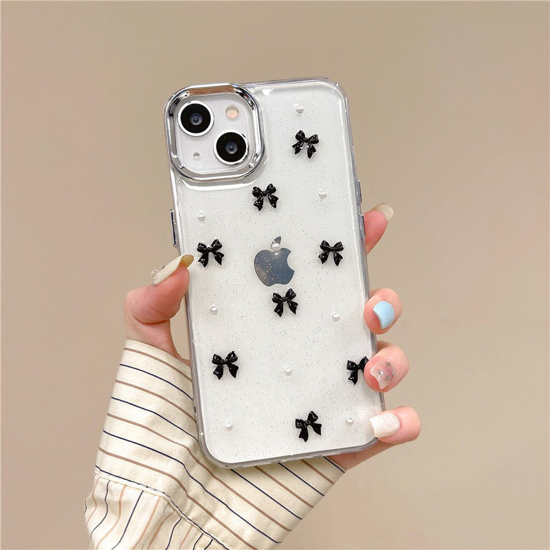 Protective Apple iPhone Back Cover - 3D Glitter Black Bow Pearl Transparent Bumper iPhone Case - Style 10
