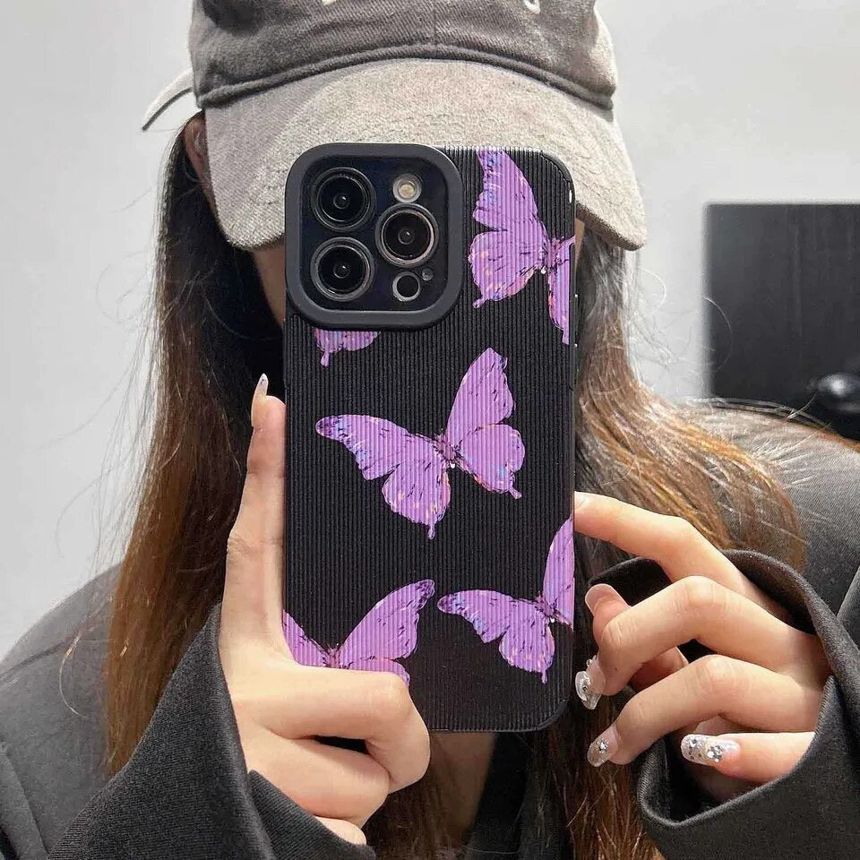 Protective Apple iPhone Back Cover - Purple Butterfly Stripe Textured iPhone Soft Silicone Cases