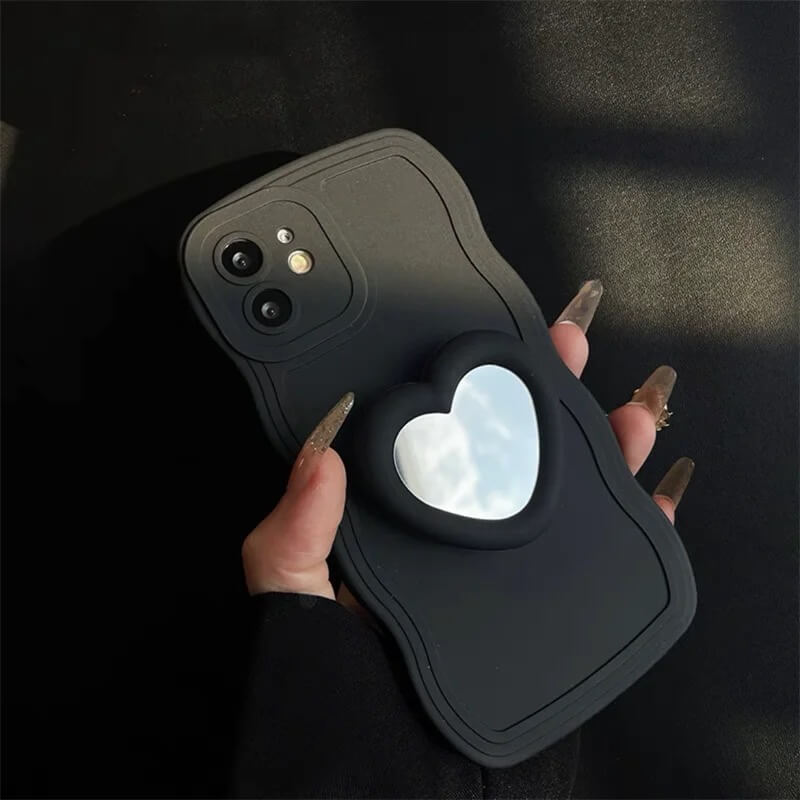 Protective Apple iPhone Back Cover - Wave Silicone Heart Mirror Holder iPhone Case - Style 5