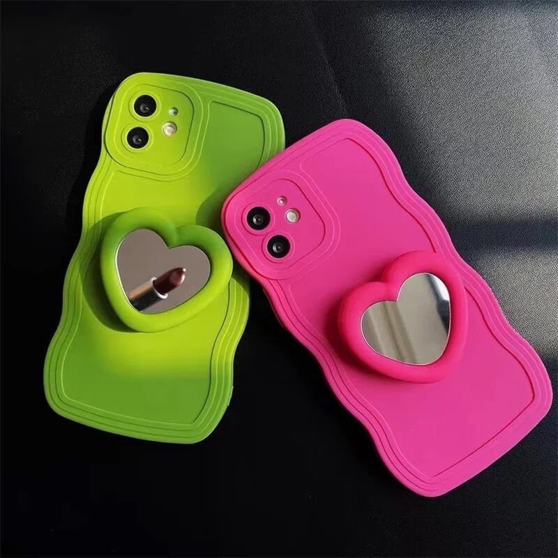 Protective Apple iPhone Back Cover - Wave Silicone Heart Mirror Holder iPhone Case - Style 4