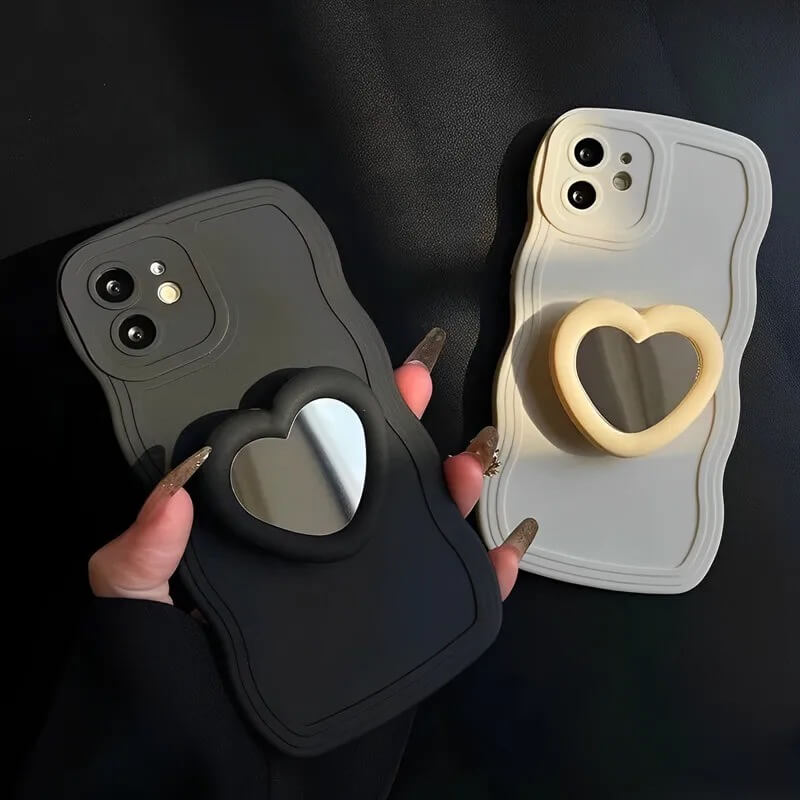 Protective Apple iPhone Back Cover - Wave Silicone Heart Mirror Holder iPhone Case - Style 3