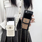Luxury Fabric Wallet Pearl Crossbody Black Samsung Z Flip & Z Fold Case Mobile Case by CoverMeUp