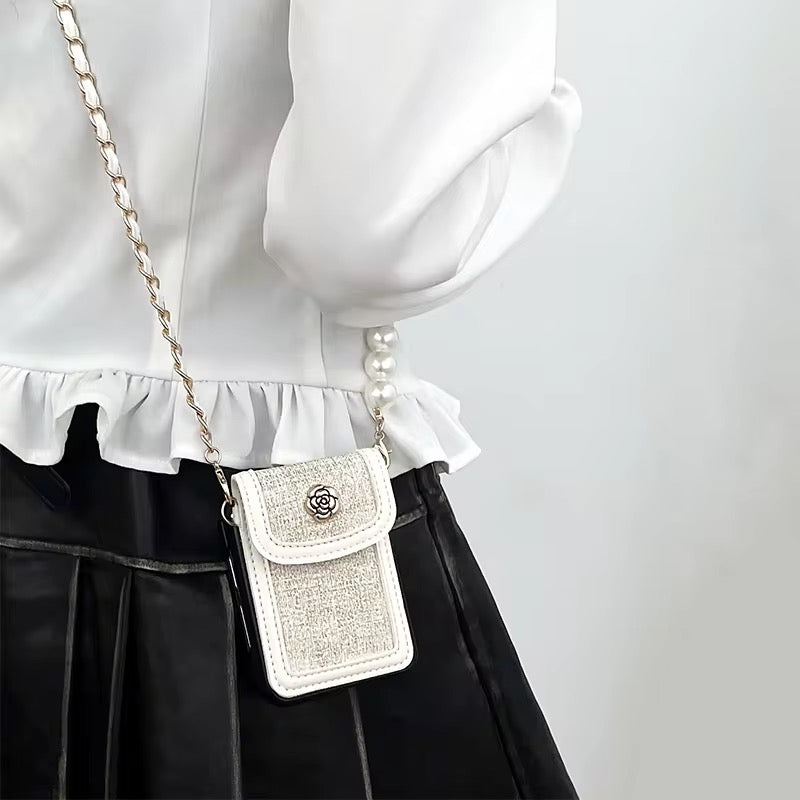 Luxury Fabric Wallet Pearl Crossbody Black Samsung Z Flip & Z Fold Case