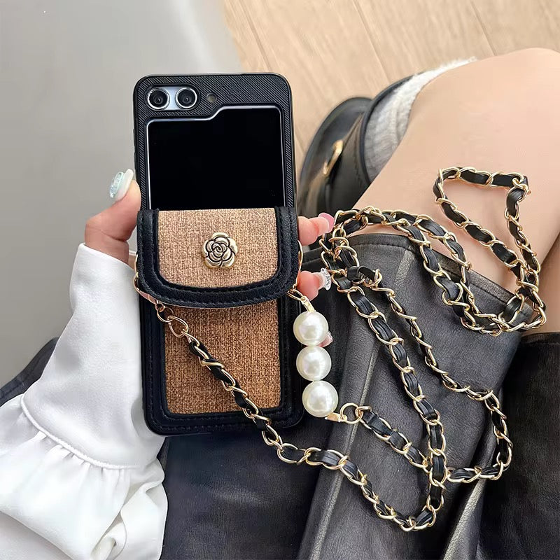Luxury Fabric Wallet Pearl Crossbody Black Samsung Z Flip & Z Fold Case Mobile Case by CoverMeUp - Style 5