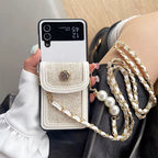 Luxury Fabric Wallet Pearl Crossbody Black Samsung Z Flip & Z Fold Case Mobile Case by CoverMeUp - Style 4
