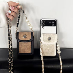 Luxury Fabric Wallet Pearl Crossbody Black Samsung Z Flip & Z Fold Case