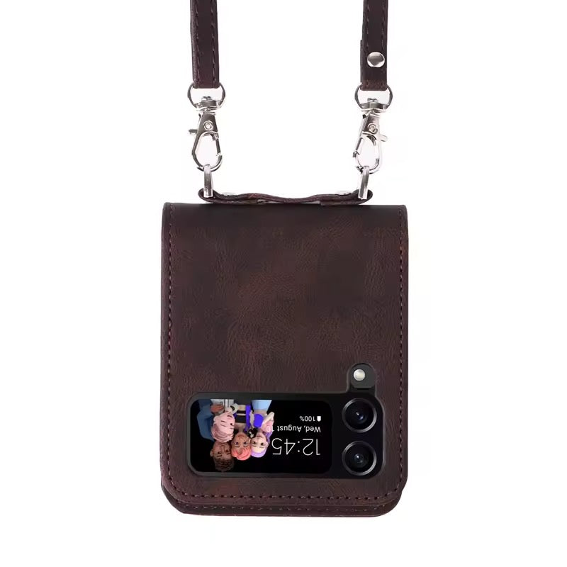 Premium Dark Brown Leather Wallet Crossbody Strap Bracelet Samsung Z Flip Case