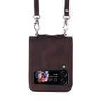 Premium Dark Brown Leather Wallet Crossbody Strap Bracelet Samsung Z Flip Case Mobile Case by CoverMeUp