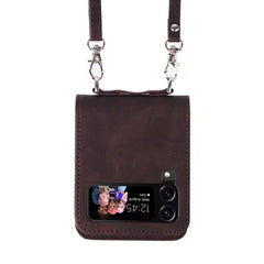 Premium Dark Brown Leather Wallet Crossbody Strap Bracelet Samsung Z Flip Case