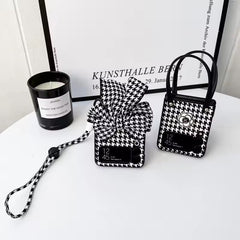 Luxury 3D Bow Floral Camellia Fabric Houndstooth Pattern Lanyard Handbag Samsung Z Flip Case