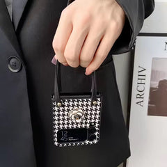 Luxury 3D Bow Floral Camellia Fabric Houndstooth Pattern Lanyard Handbag Samsung Z Flip Case