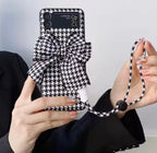 Luxury 3D Bow Floral Camellia Fabric Houndstooth Pattern Lanyard Handbag Samsung Z Flip Case Mobile Case by CoverMeUp - Style 2