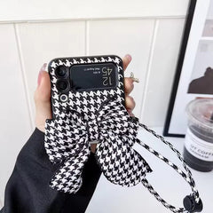 Luxury 3D Bow Floral Camellia Fabric Houndstooth Pattern Lanyard Handbag Samsung Z Flip Case