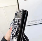 Luxury 3D Bow Floral Camellia Fabric Houndstooth Pattern Lanyard Handbag Samsung Z Flip Case Mobile Case by CoverMeUp - Style 8