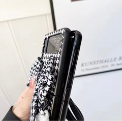 Luxury 3D Bow Floral Camellia Fabric Houndstooth Pattern Lanyard Handbag Samsung Z Flip Case