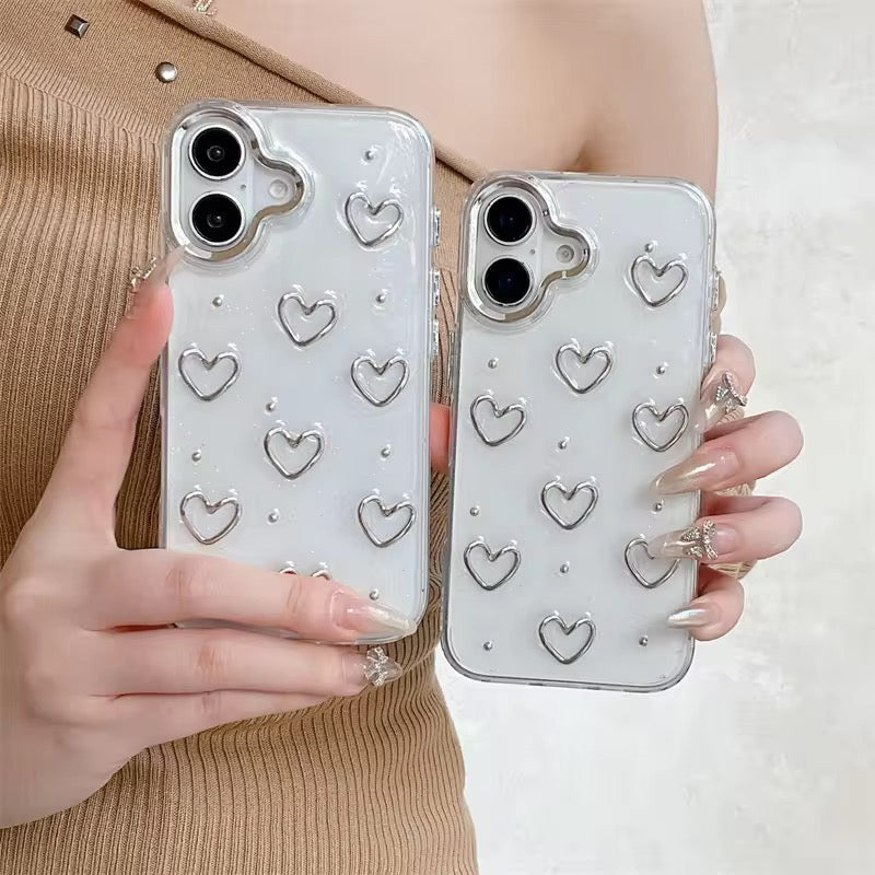 Protective Apple iPhone Back Cover - 3D Glitter Silver Heart Transparent iPhone Soft Case