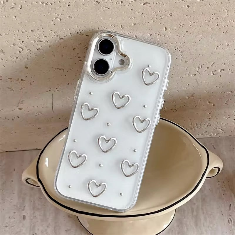 Protective Apple iPhone Back Cover - 3D Glitter Silver Heart Transparent iPhone Soft Case - Style 3