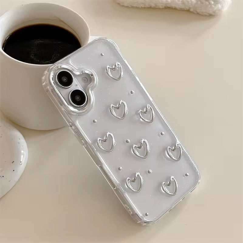 Protective Apple iPhone Back Cover - 3D Glitter Silver Heart Transparent iPhone Soft Case - Style 5