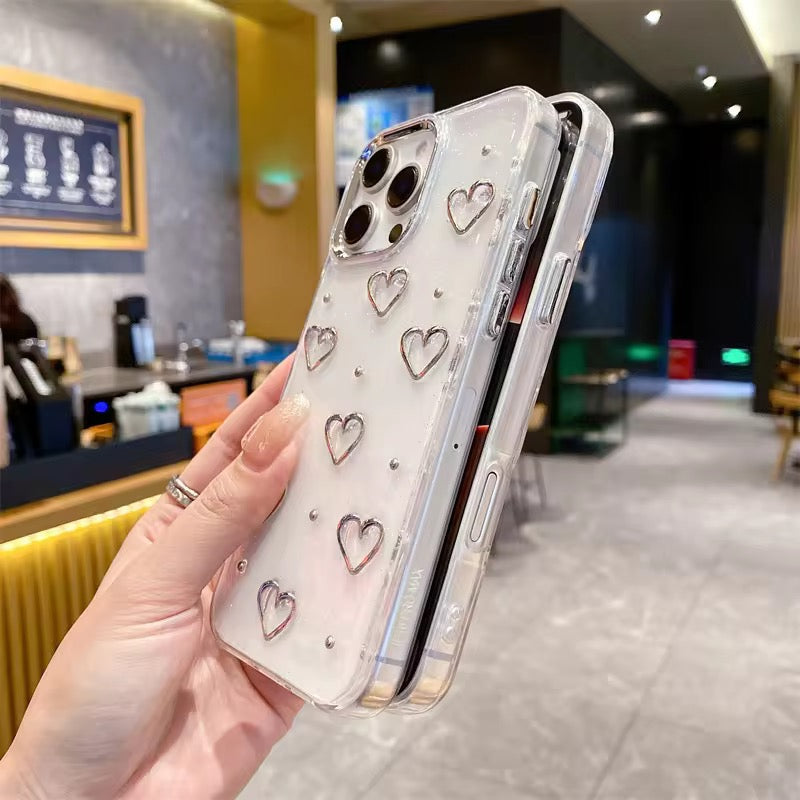 Protective Apple iPhone Back Cover - 3D Glitter Silver Heart Transparent iPhone Soft Case - Style 9
